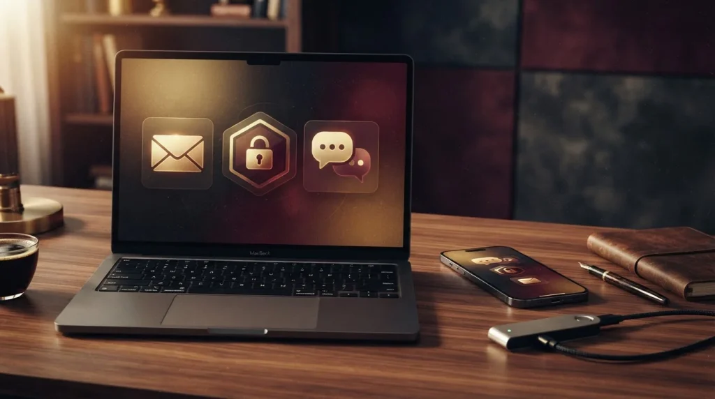 Secure account access screen with email wallet and messaging sign-in options