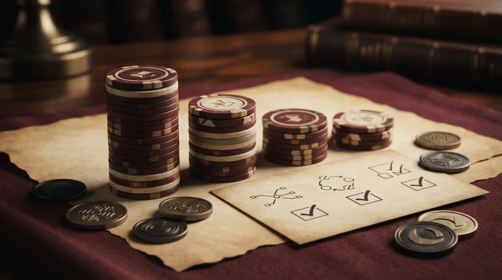Casino bonus tokens arranged in four staged sections beside a wagering checklist