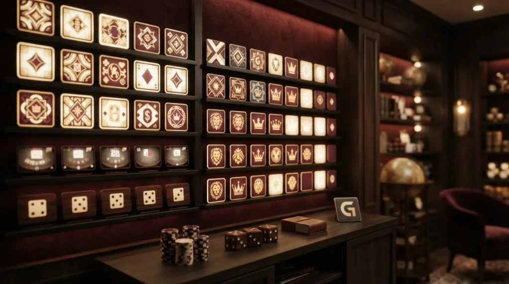 Casino game tiles, live dealer table cards and provider library icons