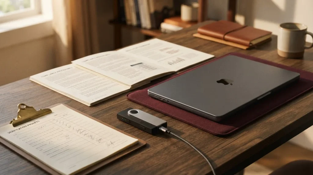 Regulatory documents beside a laptop, wallet and verification checklist