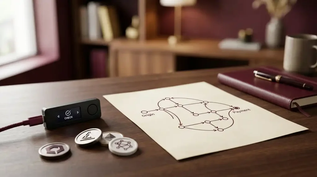 Hardware wallet, cryptocurrency tokens and network routing diagram on a desk