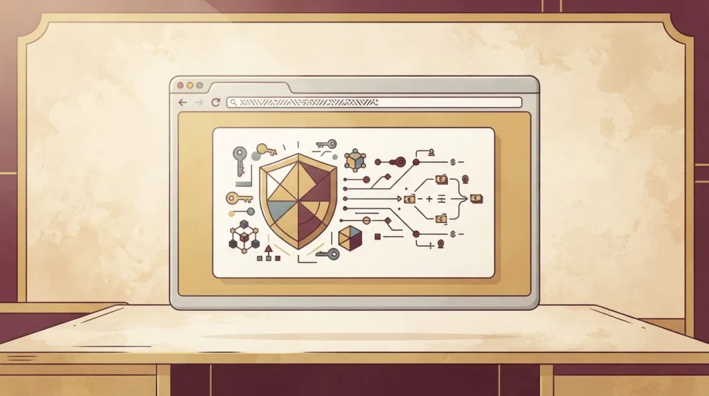 Browser window with a private calculation panel and shield symbol