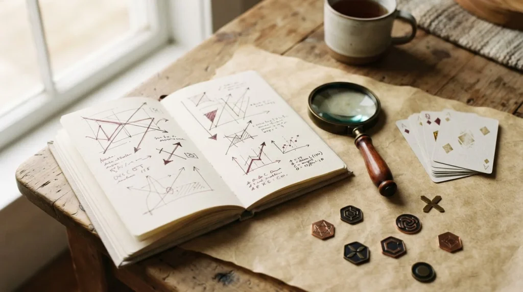 Open editorial notebook beside crypto payment symbols and casino game cards