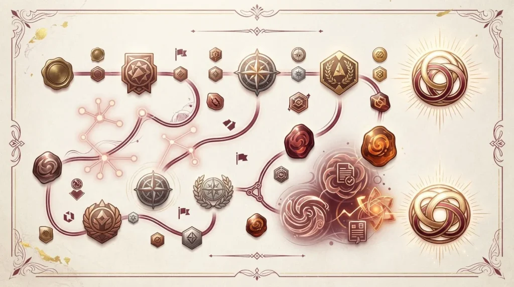 Tiered loyalty badges arranged beside mission markers and cashback tokens
